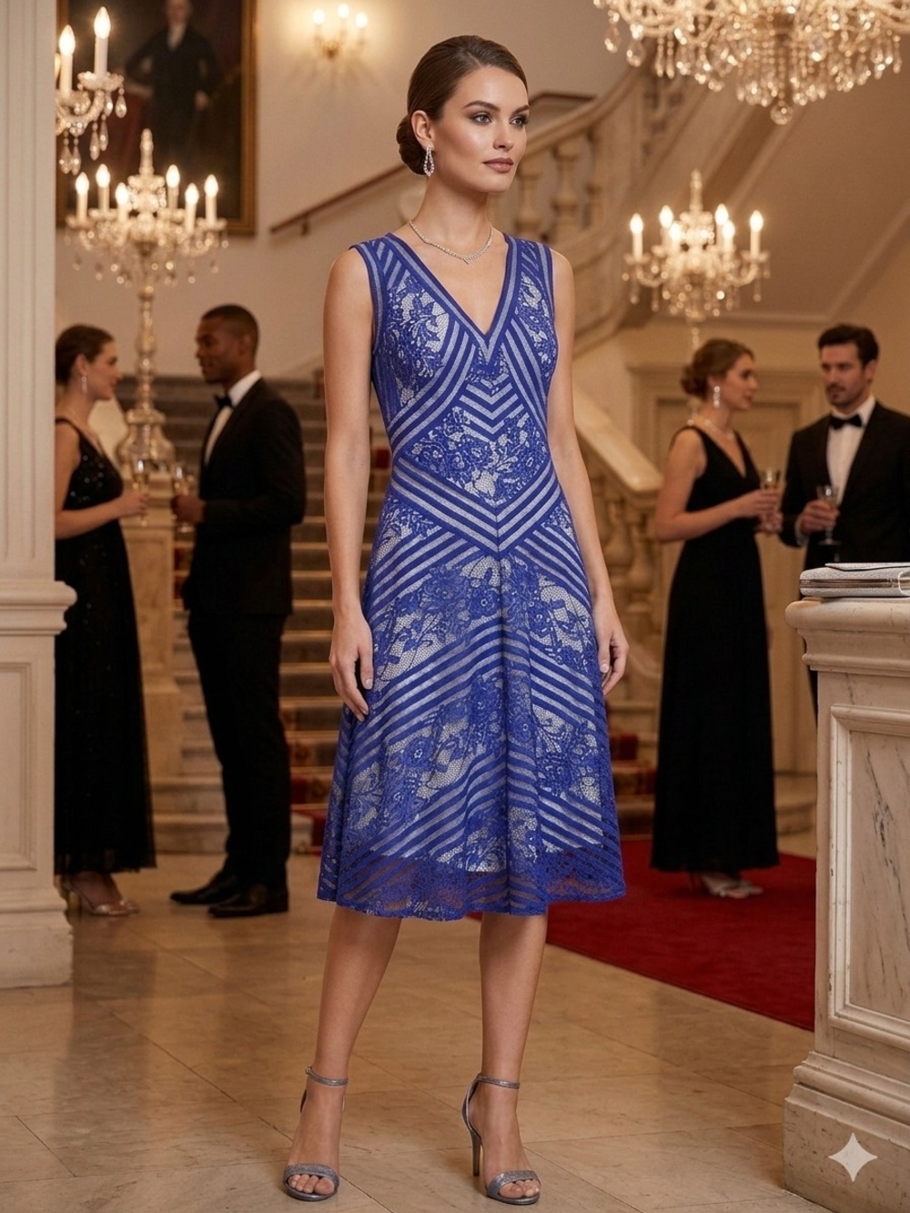 Tadashi Shoji Royal Blue Chevron Lace Midi Dress - Size 8